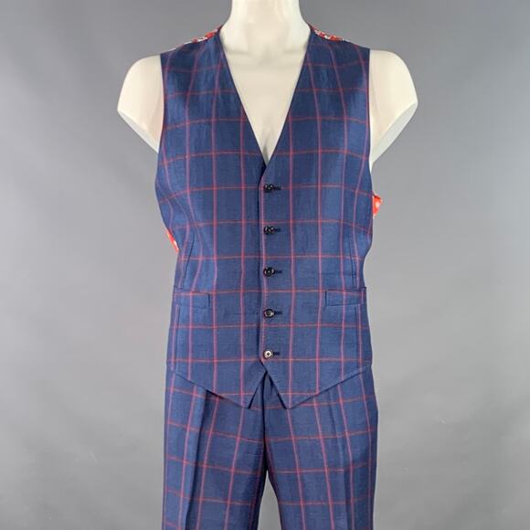 ASTOR & BLACK Size 44 Navy Red Twill Plaid Vest Suit Set - Picture 1 of 8